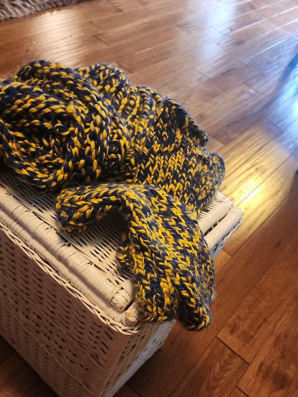 Chunky Knit Scarf, Hat And Open Finger Golves  in Navy and Yellow